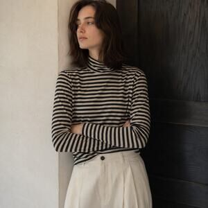 Muji Black/Cream Cotton Striped Turtleneck Long Sleeve Top, size S